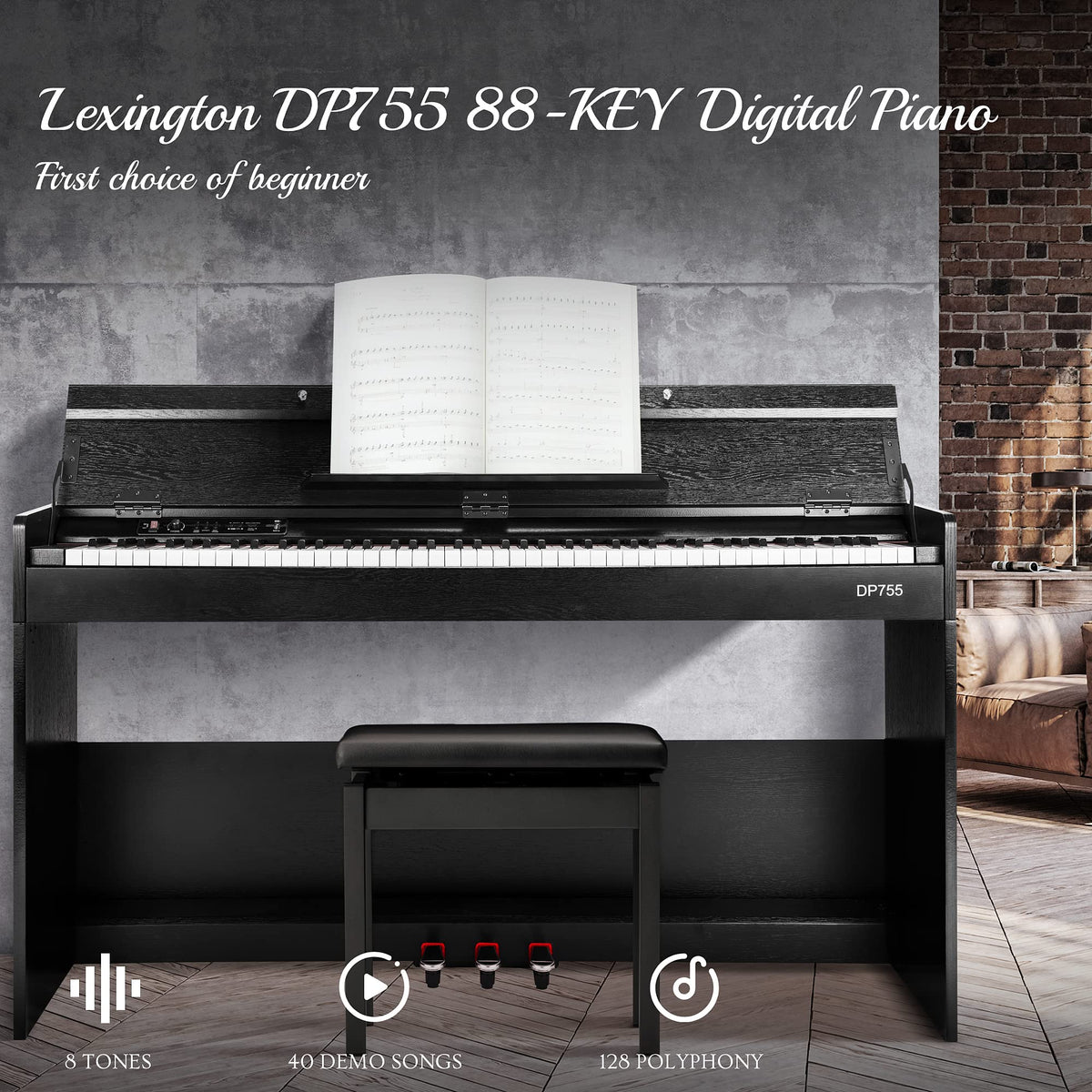 88 Keys Weighted Hammer Action Digital Piano with Stand, Pedals and Black O2688