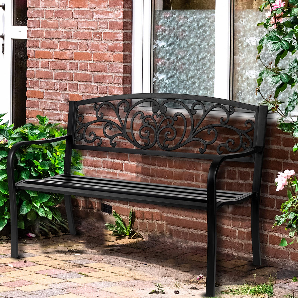 50in Black Metal Outdoor Bench with Armrests U773599