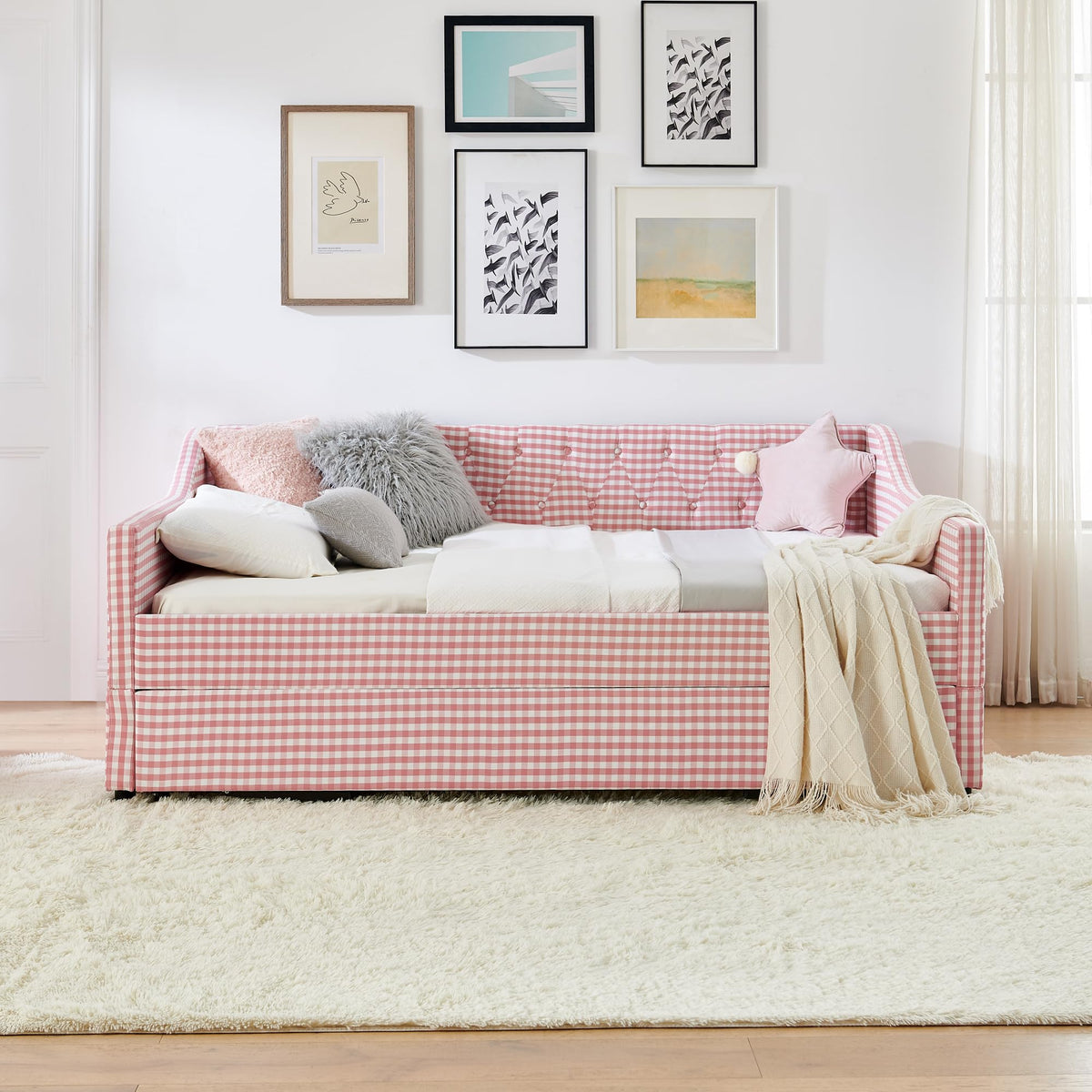 Full Size Upholstered Daybed with Trundle and Side Pocket W34465