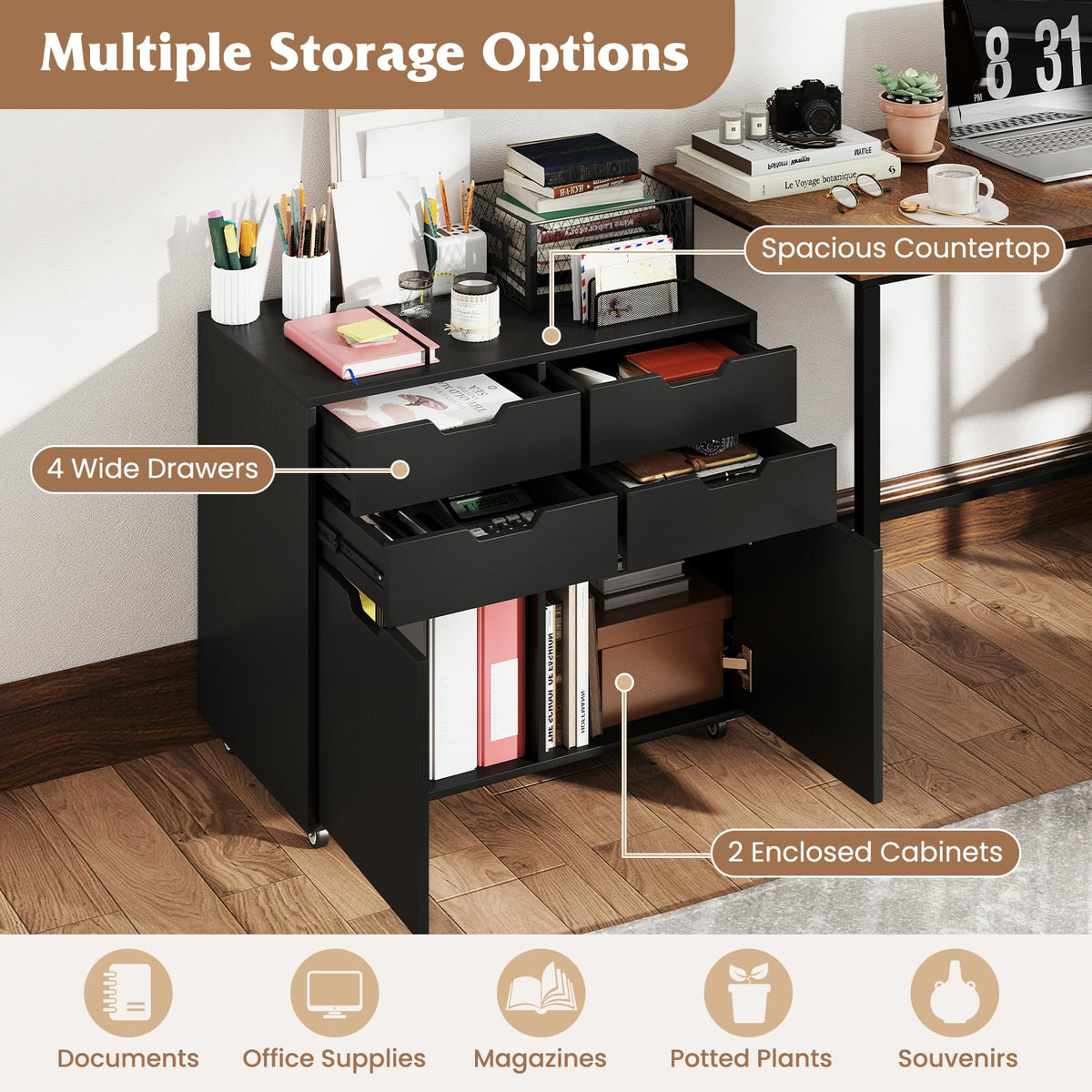 Black 4-Drawer Rolling File Cabinet V150