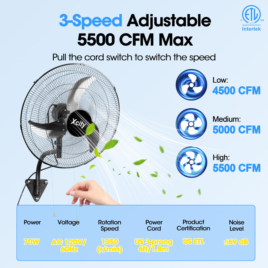 20 inch Industrial Wall Mounted Oscillating Fan, 3-Speed, 5500 CFM, Black Y515141