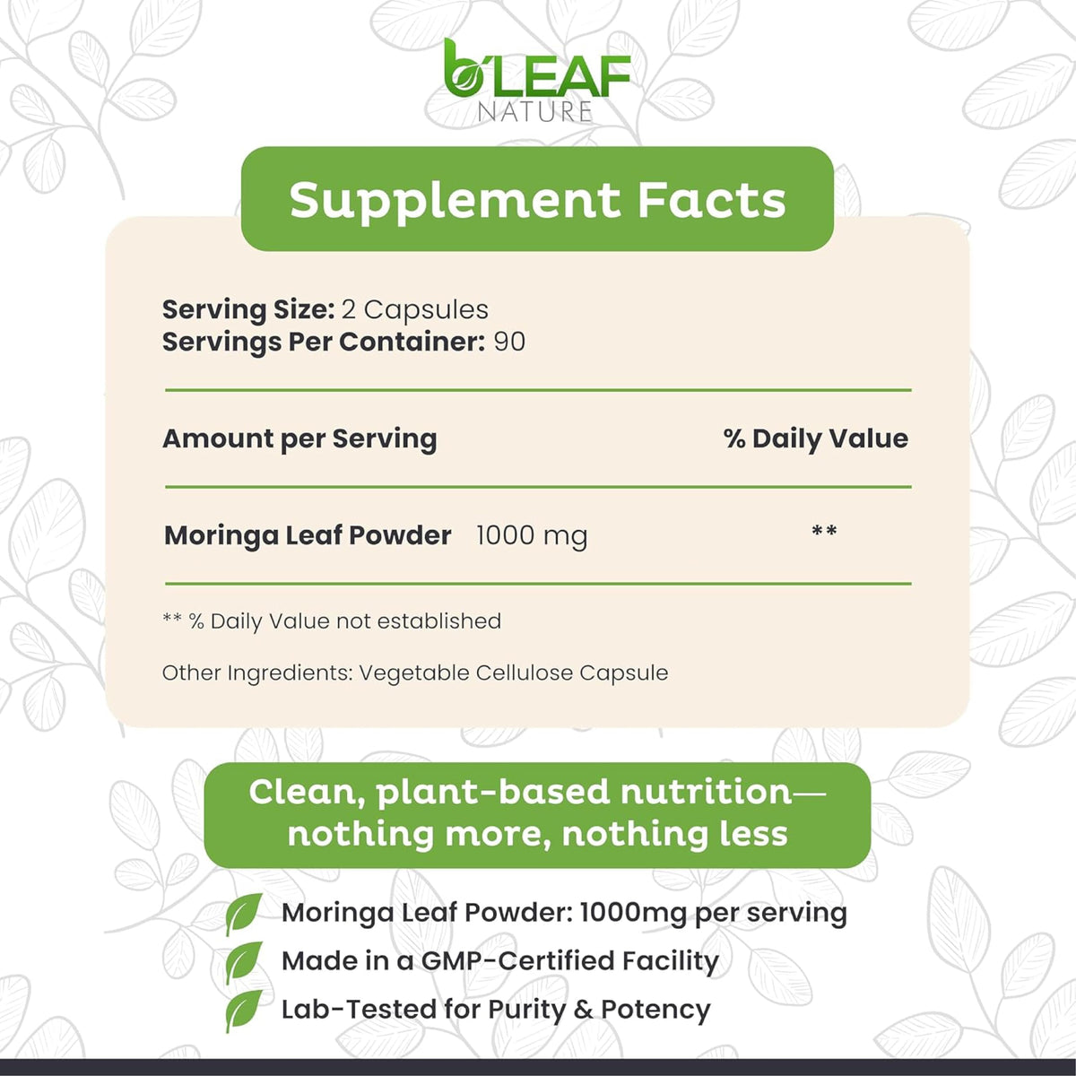 Moringa Leaf Vegan Capsules 1000mg 180 Count F637984