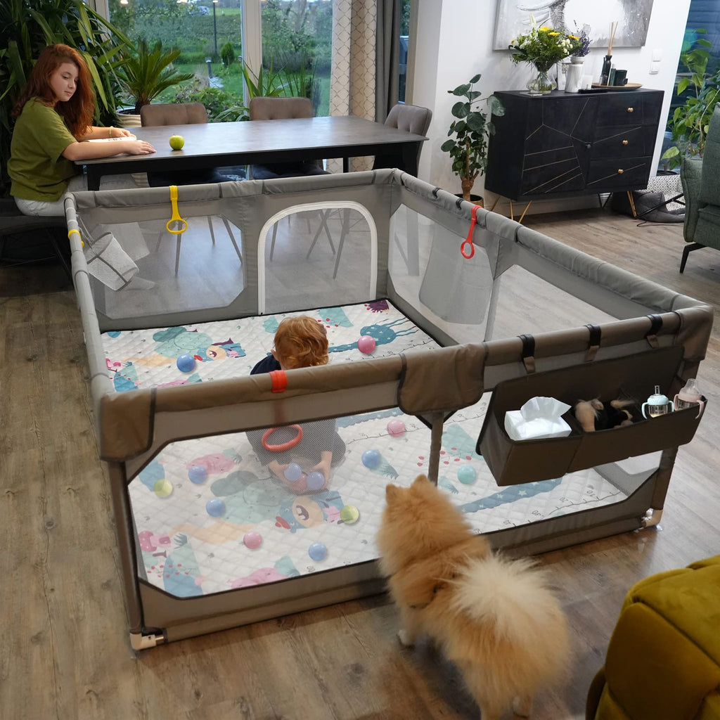 75" x 59" Grey Baby Playpen with Mat R584303