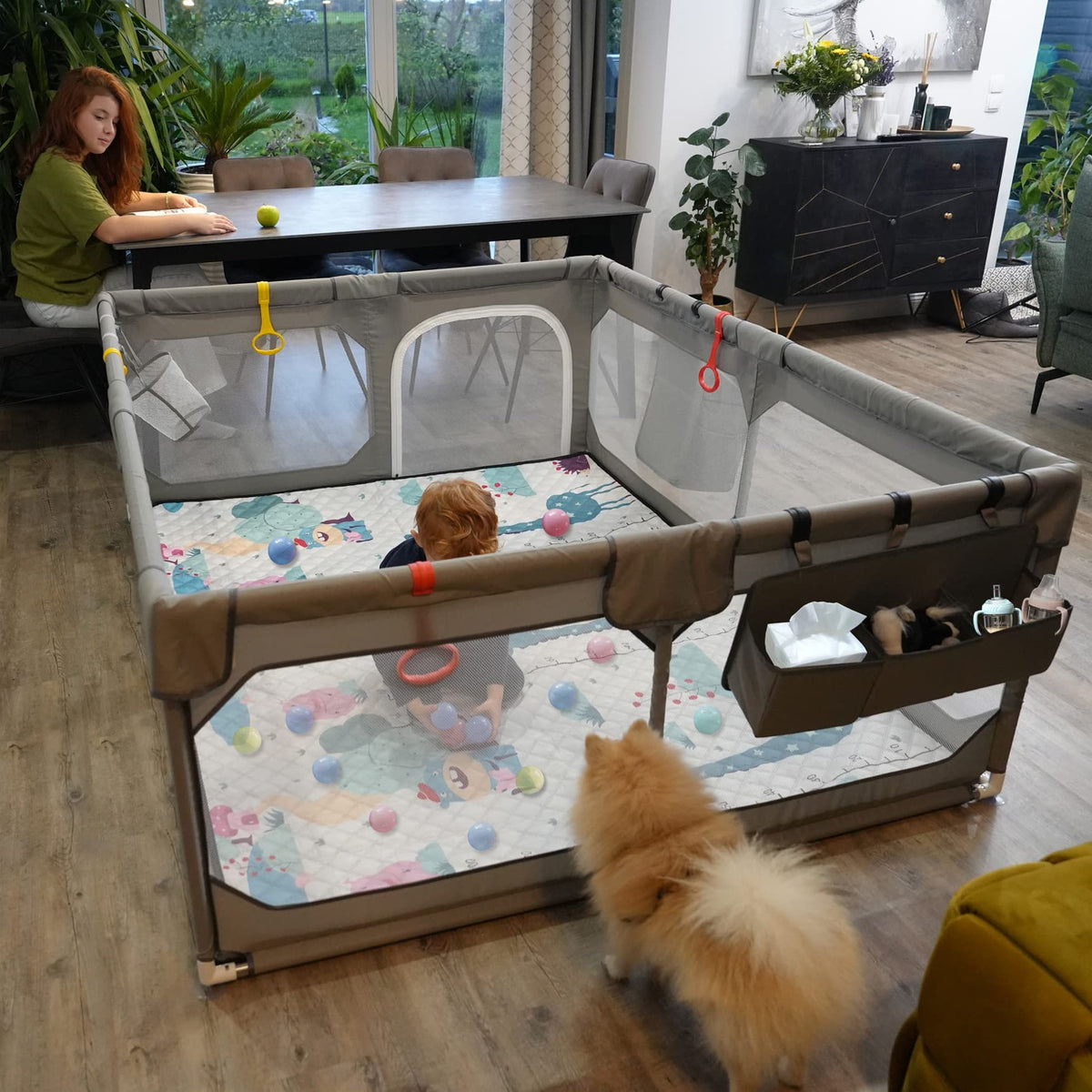 75" x 59" Grey Baby Playpen with Mat R584303