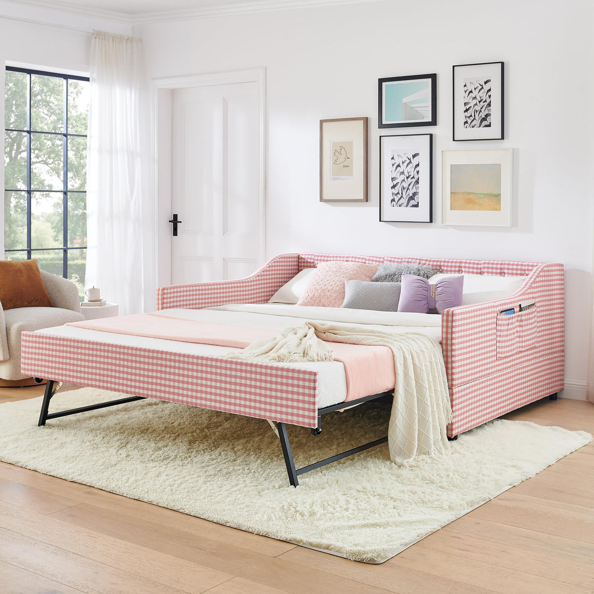 Full Size Upholstered Daybed with Trundle and Side Pocket W34465