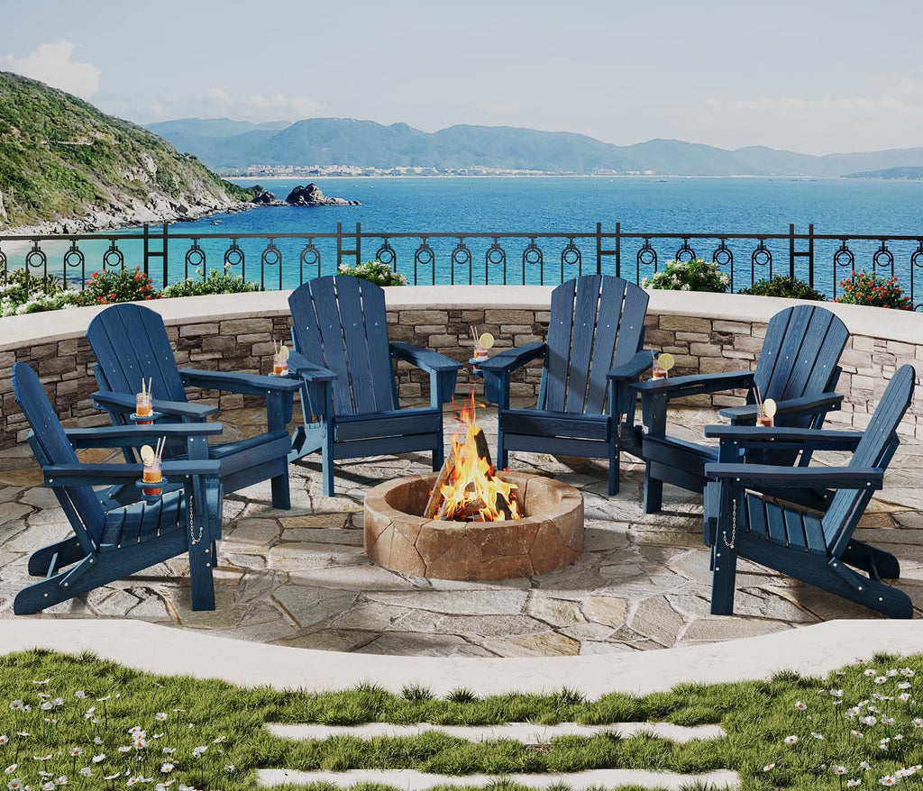 Navy Blue HDPE Folding Adirondack Chair Set of 6 with Cup Holder U1784