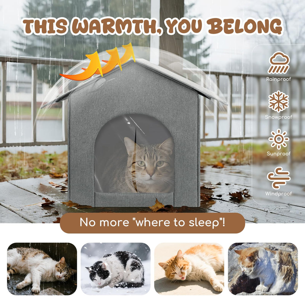 Weatherproof Insulated Outdoor Cat House with Door Curtain and Warm Cushion W79994