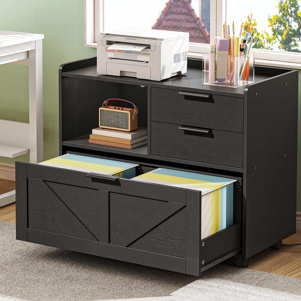 Black Wood Lateral File Cabinet with Charging Station J560073