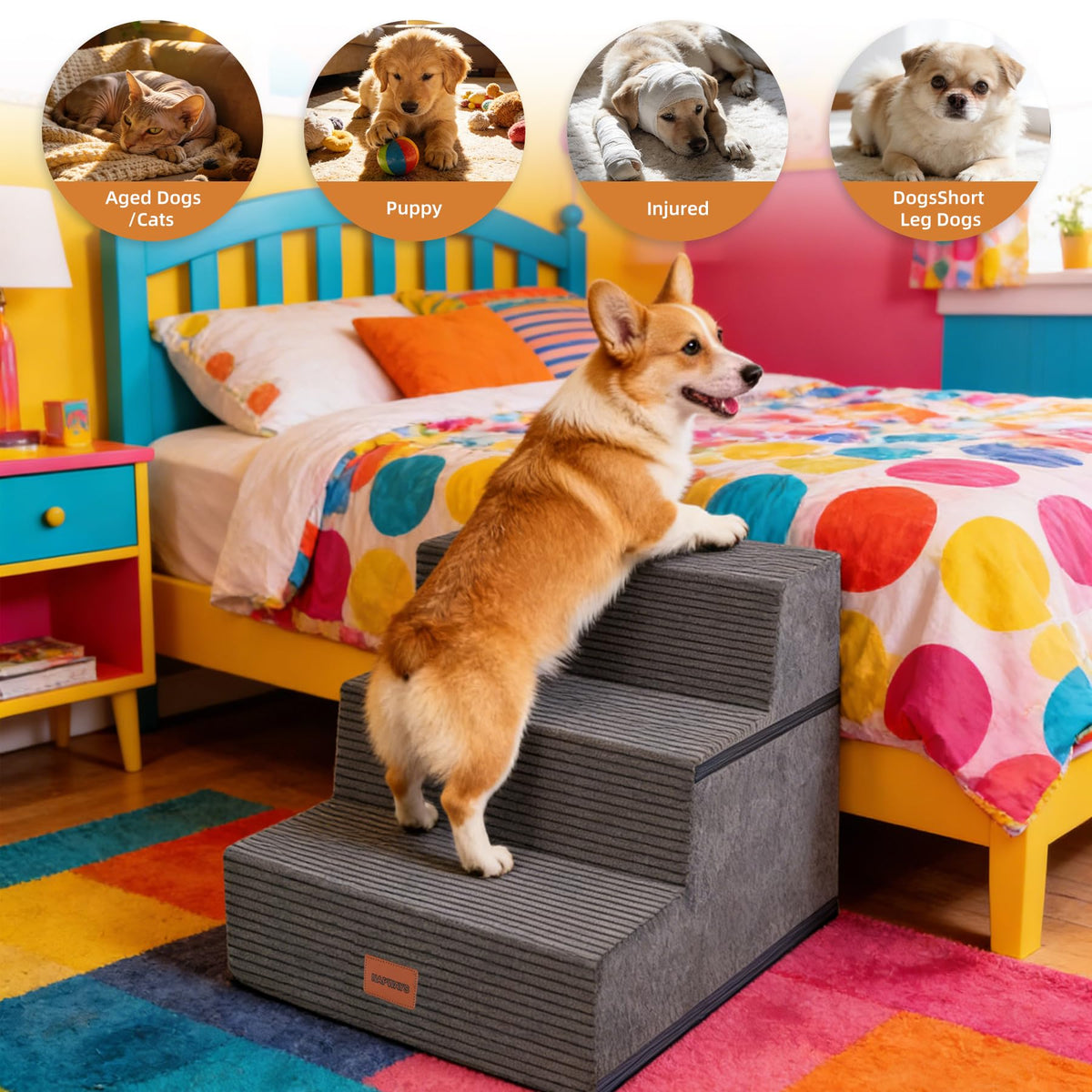 3-Step Non-Slip Dog Stairs with Washable Cover J64841