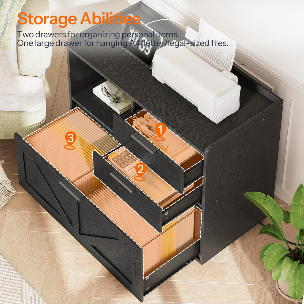 Black Wood Lateral File Cabinet with Charging Station J560073