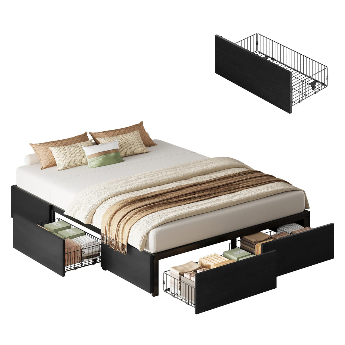 Queen Bed Frame with 4 Storage Drawers, Black Q770