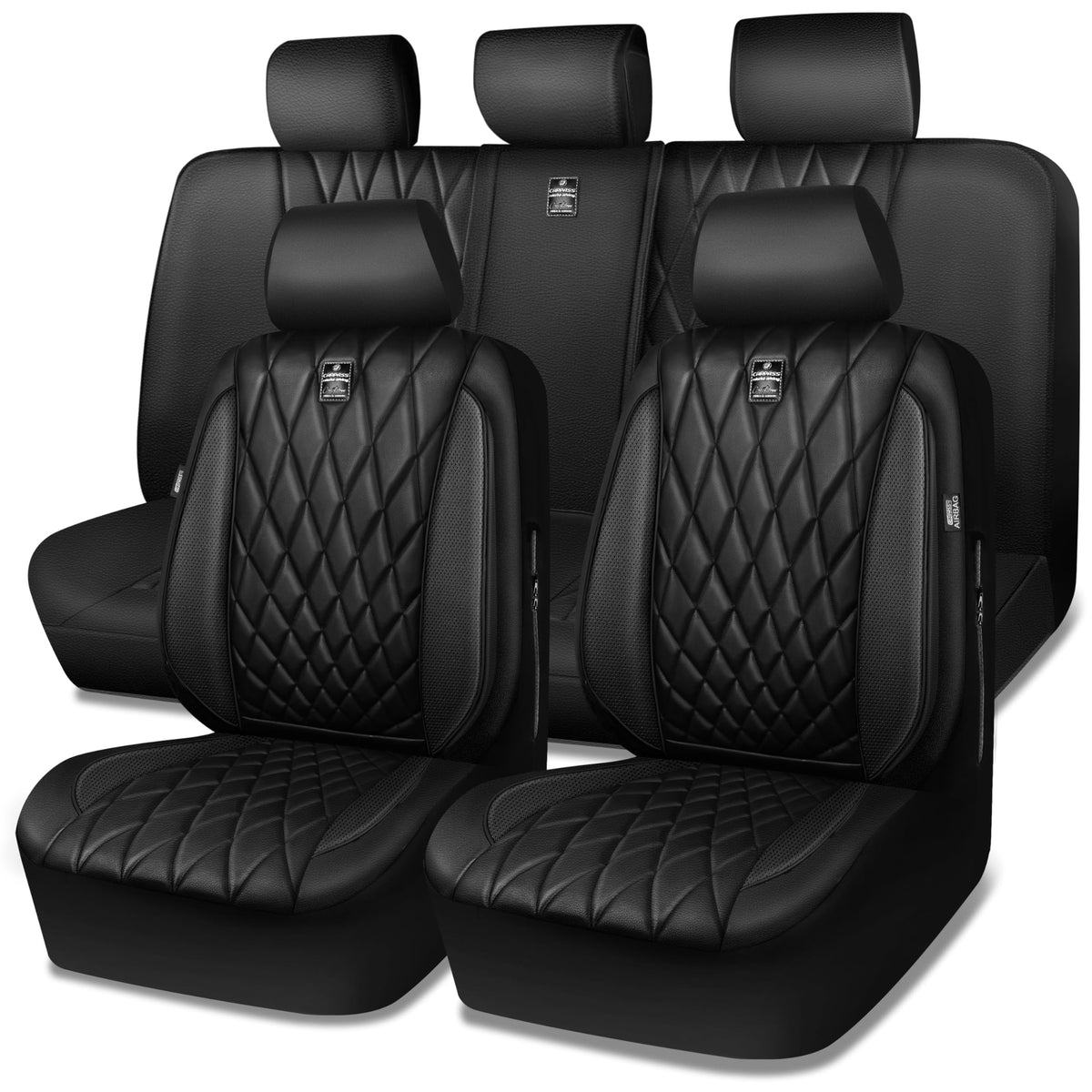 5 Seats Faux Leather Seat Covers Full Set Pure Black L134615