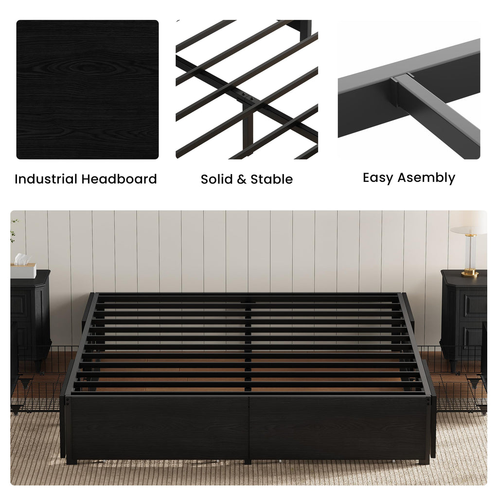 Queen Bed Frame with 4 Storage Drawers, Black Q770