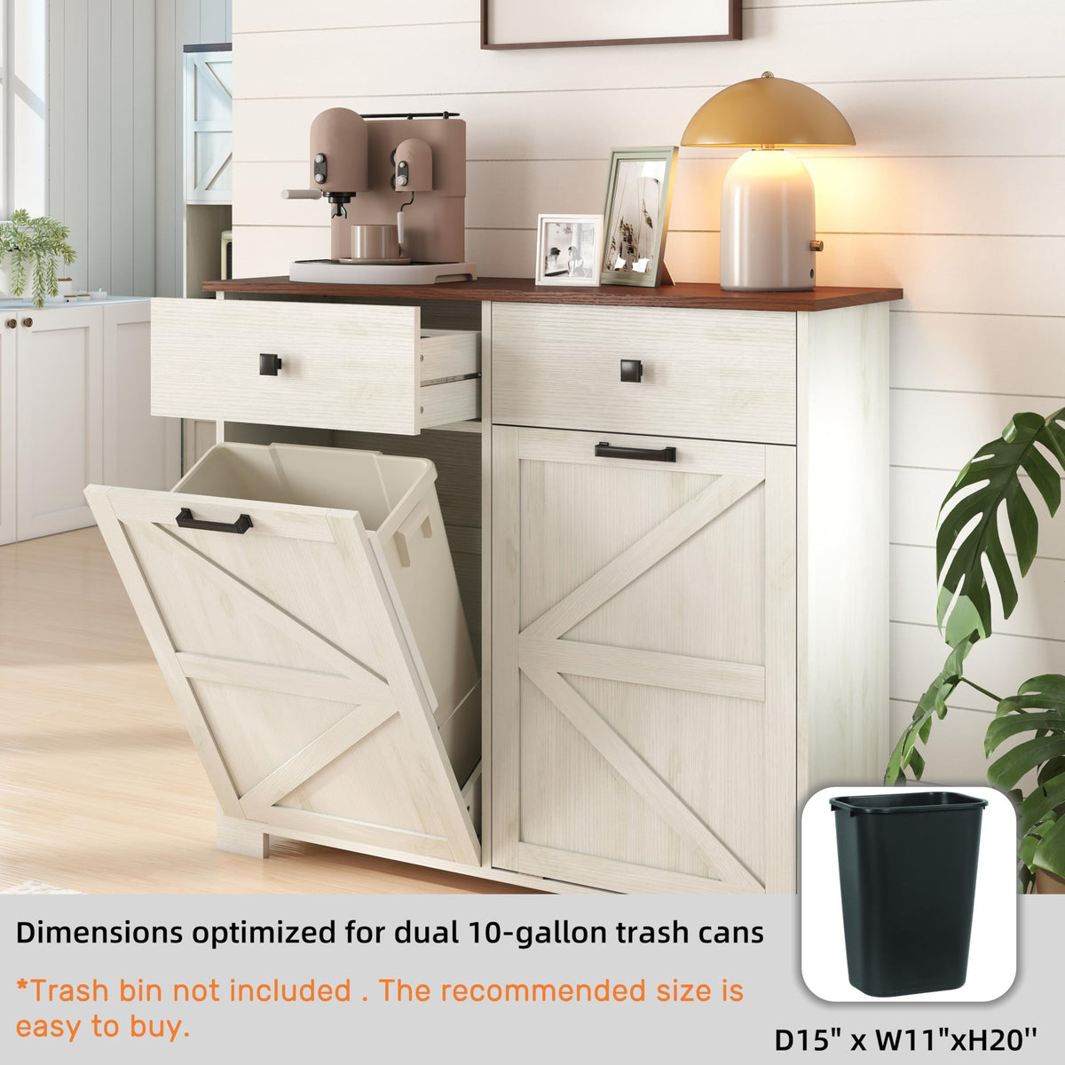 20 Gallon Double Tilt-Out Trash Can Cabinet White S167695