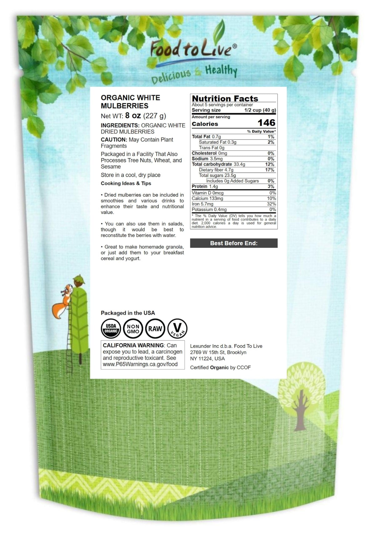 Organic Dried White Mulberries 8 Ounces M32268