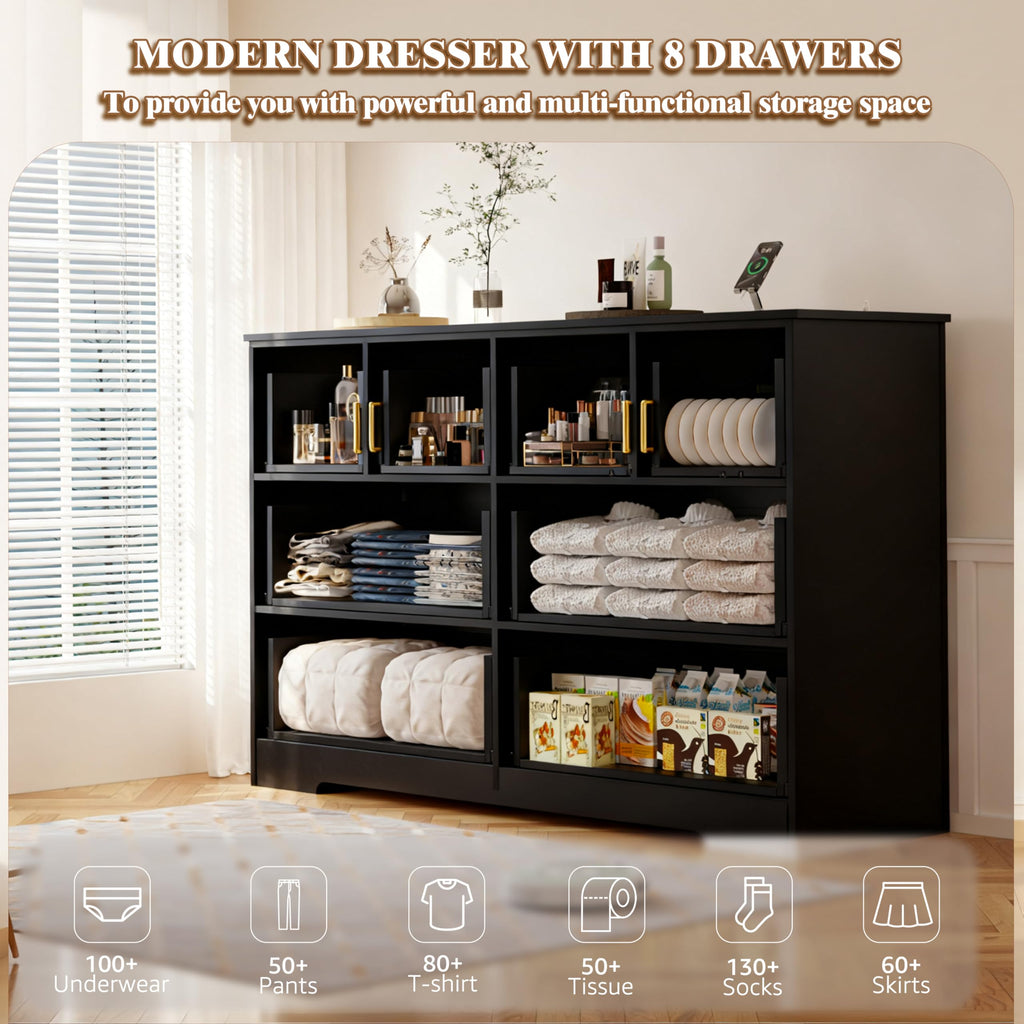 Black 8 Drawer Wood Dresser with Metal Handle G2891