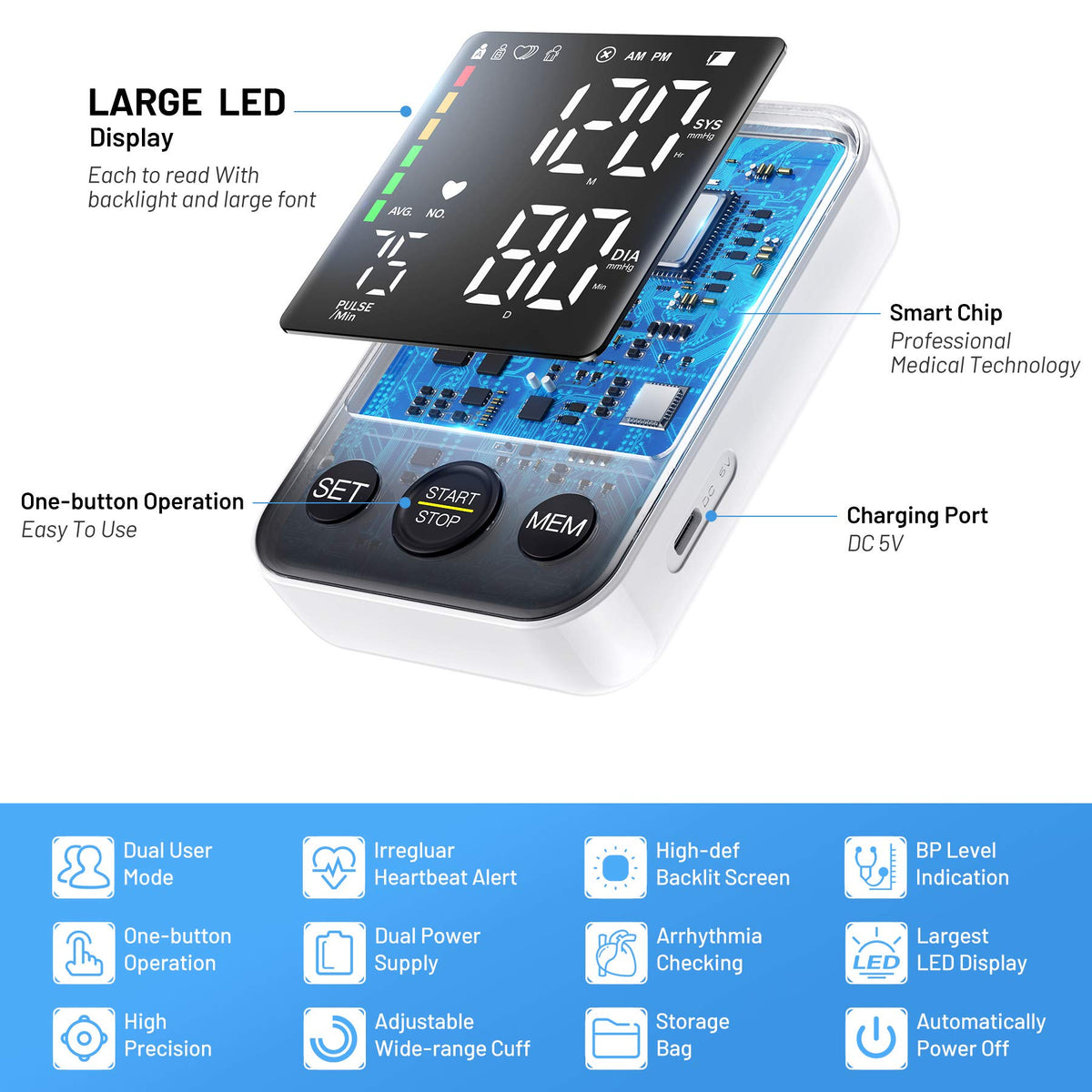 Black Upper Arm Blood Pressure Monitor with Adjustable Arm Cuff and Large Display W926337