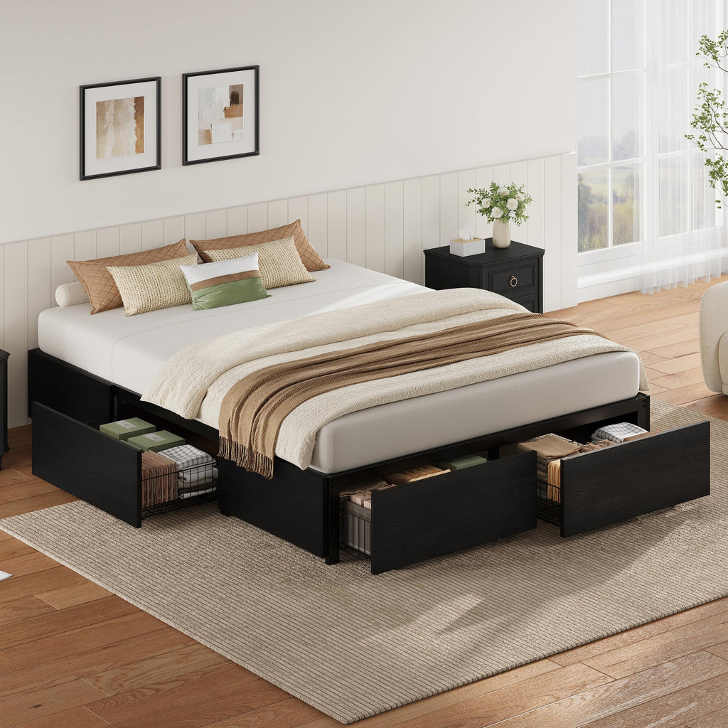 Queen Bed Frame with 4 Storage Drawers, Black Q770