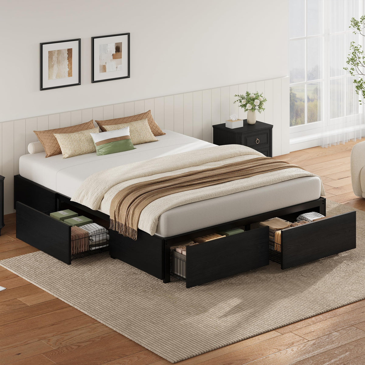 Queen Bed Frame with 4 Storage Drawers, Black Q770