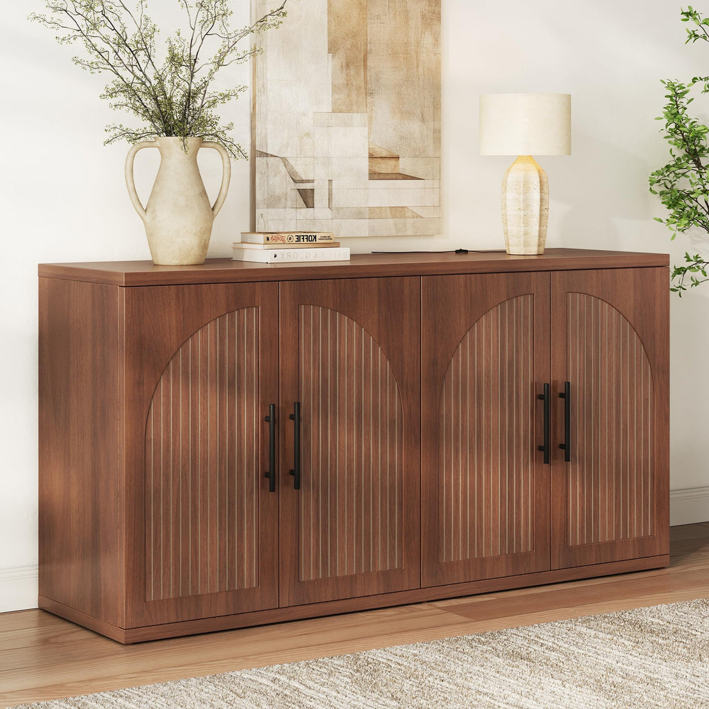 63" Fluted Walnut Credenza with Adjustable Shelf I454