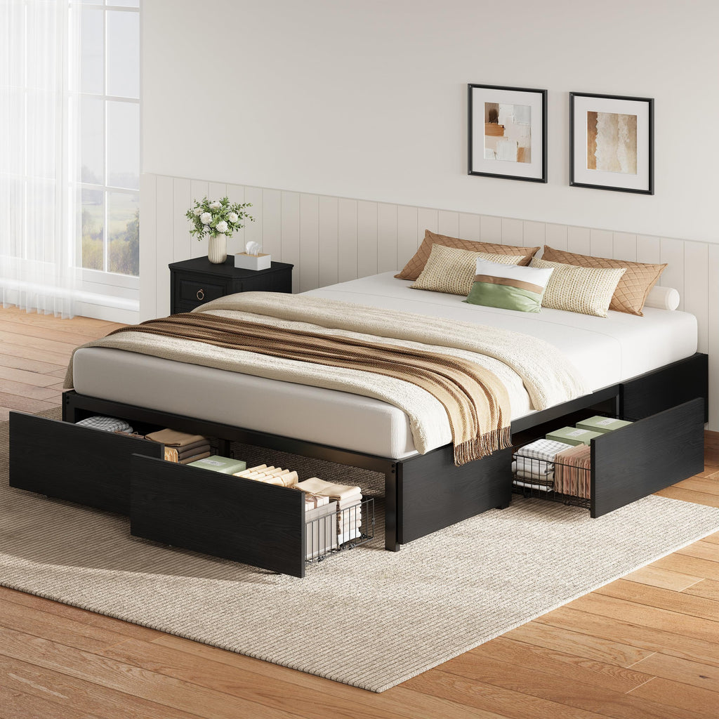 Queen Bed Frame with 4 Storage Drawers, Black Q770