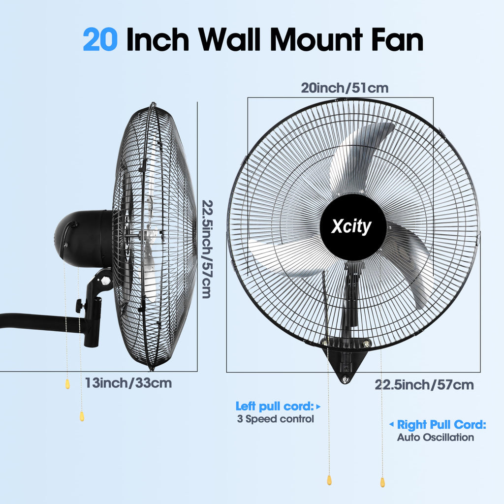 20 inch Industrial Wall Mounted Oscillating Fan, 3-Speed, 5500 CFM, Black Y515141