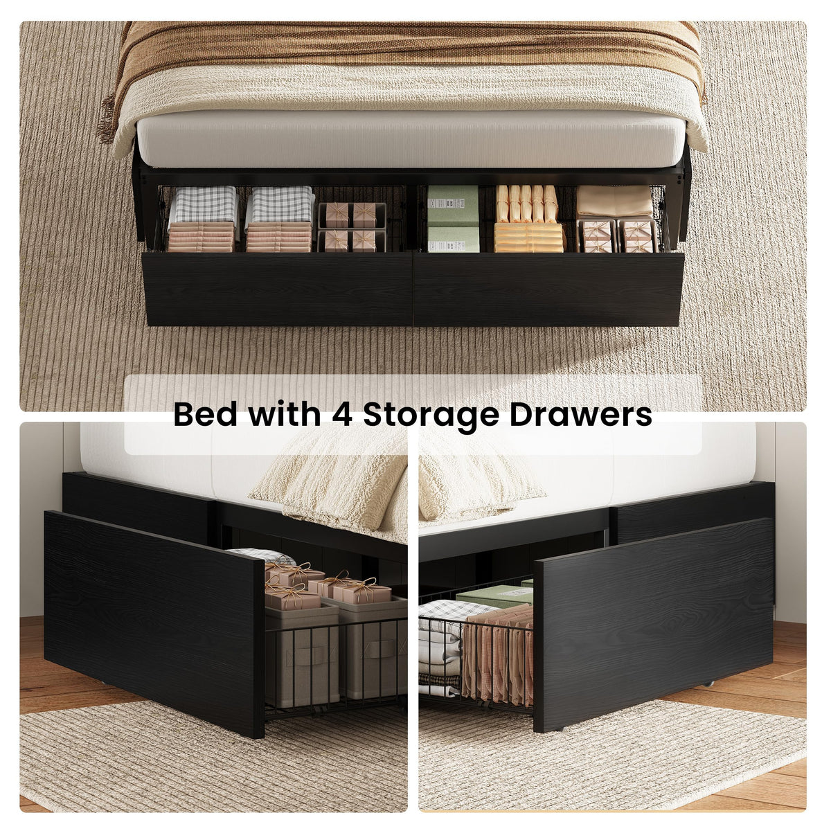 Queen Bed Frame with 4 Storage Drawers, Black Q770